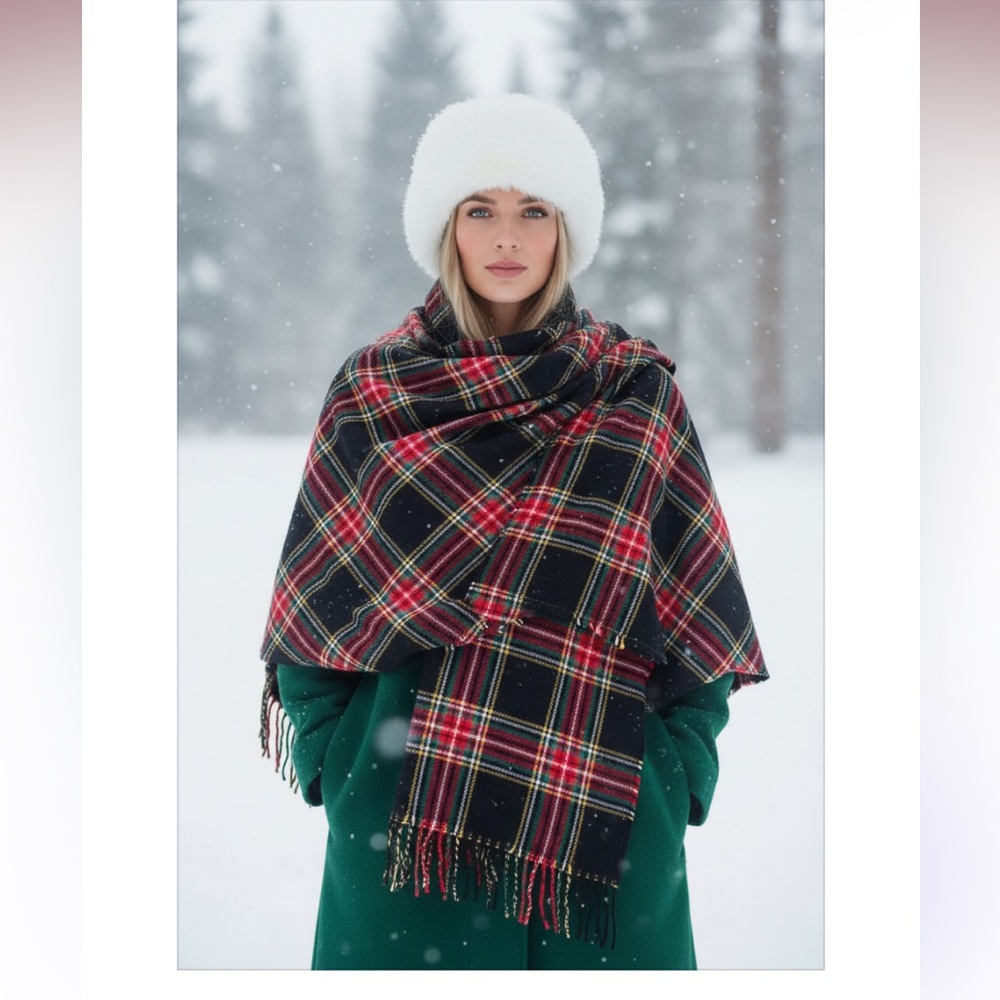 Plaid Shawl Wrap - Black and Red